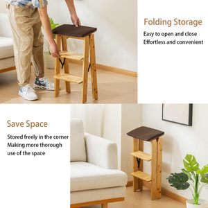 Folding Ladder Stool Wooden 3-Tier Shelf <b>Foldable</b> Storage <b>Step</b> Stool For Home Office Living Room - Product Image 3