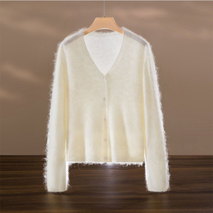 Cardigan décontracté en laine et cachemire pour femme, anti-boulochage, tricoté sans couture, col en V, simple boutonnage - Product Image 1