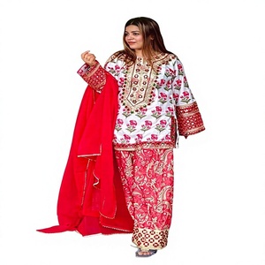 Traditional <b>Indian</b> Pakistani Women's Cotton Salwar Suit White <b>Kurta</b> Red Palazzo Pants Loose Fit Ankle-Length Wedding Wear - Product Image 1