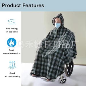 Couverture chaude pour fauteuil roulant, design à carreaux avec capuche, pour les soins aux personnes âgées et le maintien au chaud du cou - Product Image 3