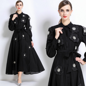 Vestido Camisero de Manga Larga <span class=keywords><strong>con</strong></span> Estampado Floral Blanco para Mujer, <span class=keywords><strong>con</strong></span> Cinturón, <span class=keywords><strong>Falda</strong></span> Larga Elegante en Línea A, Adecuado para Ocasiones Formales - Product Image 3