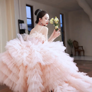 Pink Halter Neck Tulle Wedding Dress Empire Waist Ball Gown Princess Style Cake Skirt Elegant Banquet Dress - Product Image 1