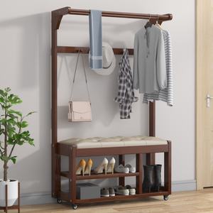 Nouveau design : Banc à chaussures en bois avec porte-vêtements suspendu – Meuble de salon, étagère à chaussures et porte-manteau - Product Image 4