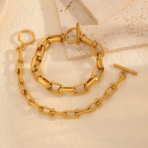 Geometric Hollow <b>Titanium</b> Steel Bracelet For Women With Ring Buckle Gold Color Fashion <b>Chain</b> Link Jewelry - Product Image 1