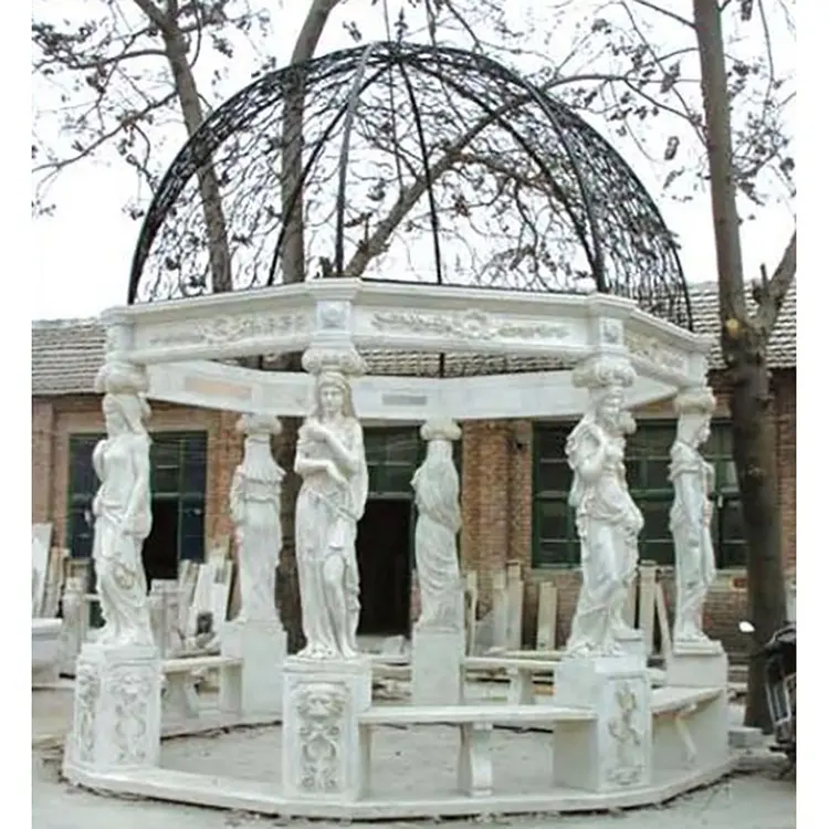 Gazebo de techo de metal para exteriores, escultura de piedra de mármol para jardín