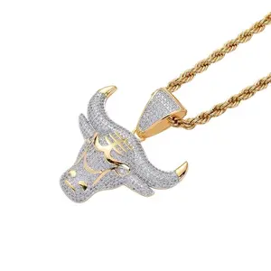 Hip Hop Iced Out Bling OX Chain Fashion Silver Gold Plating Zircon And Brass Charm Cattle Bull Head Pendant Necklace Jewelry