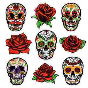 <b>Iron</b> on Mexico Style Embroidered Logo Rose Flower Skull Rose Patch - Product Image 1