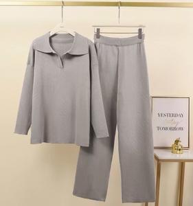 Conjunto de 2 Piezas de Suéter de Punto con Cuello Alto y Pantalones Anchos para Mujer, Otoño Invierno - Product Image 2