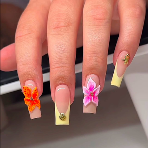 <span class=keywords><strong>Uñas</strong></span> Postizas al por Mayor, Hechas a Mano, Acrílicas, Medianas, Cuadradas, Rosadas, Naranjas, con Estampado de Tigre, Huecas, Francesas, de Cobertura Completa, con Pegamento 3D - Product Image 3