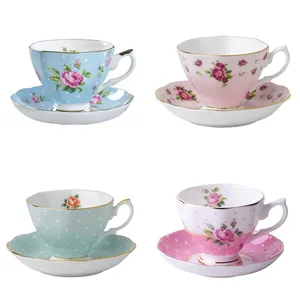 Low price 7 oz Wholesale Coffee Tea Cups and Saucers Ceramics Porcelain with 13 Different Pattern Flower