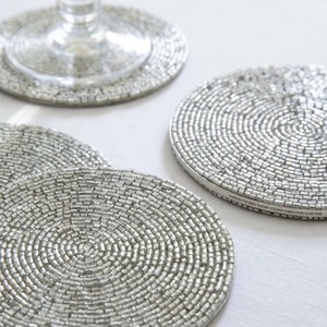 Silver Beaded Coaster Set, Round Seed Bead Drink <b>Mats</b>, Metallic Table Coasters for Home, <b>Bar</b>, Dining & Kitchen Decor - Product Image 3