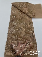 NI.AI Nouveau design Tissu en dentelle perlée à motif floral, Tissu en dentelle à sequins, Tissu en dentelle filet à sequins et perles