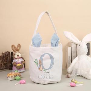Panier de transport personnalisé en lin avec monogramme et oreilles de lapin, idéal pour la chasse aux œufs de Pâques, sac fourre-tout pour enfants, cadeau - Product Image 5