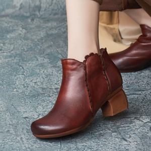 Nouvelles Bottines Femme Automne Style Ethnique Rétro en Cuir de Vachette à Talon Carré et Fermeture Éclair Latérale, Bout Rond, Talon Chaton - Product Image 2