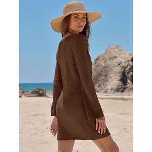 FOXA Traje de baño de punto de ganchillo para mujer, vestido con cuello en V profundo, minivestido ajustado con aberturas, ropa de playa para vacaciones - Product Image 6