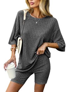 Fabricants de vêtements, t-shirt côtelé en tricot pour femmes et shorts slim, ensembles de 2 pièces, costume en tricot pour femmes - Product Image 1