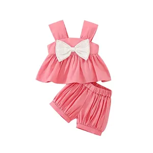 2023 Summer Baby Girls Outfit Sling Sleeveless Vest Shorts Cotton Clothes 0 To 3Y Solid Color 2pcs Clothes Set Child