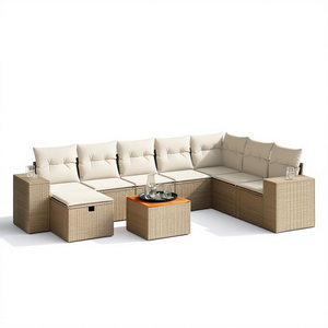 ชุดโซฟาสวนหวายเทียมสีเบจทันสมัย เฟอร์นิเจอร์กลางแจ้งพร้อมเบาะโฟมความหนาแน่นสูงเพื่อการนั่งพักผ่อนที่สะดวกสบาย - Product Image 1