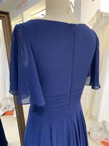Robe de mariée ou de demoiselle d'honneur en mousseline de soie <span class=keywords><strong>bleu</strong></span> <span class=keywords><strong>marine</strong></span>, taille plus, manches courtes, coupe trapèze, plissée à la main - Product Image 4