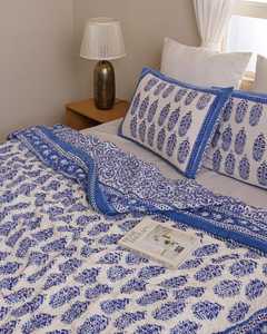 French Blue Cotton <b>Quilt</b> Hand Block Print Reversible Bedspread Soft All Season King Queen <b>Bedding</b> - Product Image 1