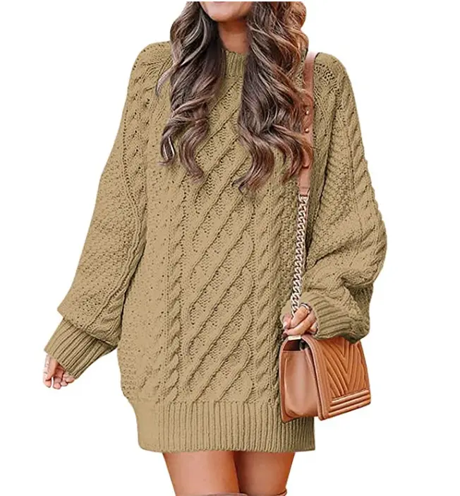 Women Round Neck Long-sleeved Thick-needle Pullover Mid-length Autumn Winter Sweater Dress