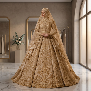 Robe de mariée de luxe moderne en organza faite à la main, brodée or, écologique, style robe de bal, col montant, manches longues, traîne chapelle - Product Image 2