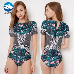 Retro Sexy Women Floral Print Guard Swimwear Short Sleeve One Piece Racing Swimsuit UPF 50+ Bikini rash guard