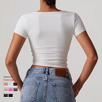 ملابس رياضية نسائية ضيقة لليوجا بأكمام قصيرة وتصميم رقبة على شكل V، ملابس رياضية للجري واللياقة البدنية