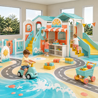 Aire de jeux intérieure personnalisée pour enfants, thème Océan Bleu, avec mini-ville, boutique, toboggan et piste routière