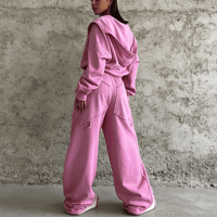 Ensemble de survêtement pour femme personnalisé, deux pièces, comprenant un sweat à capuche zippé de haute qualité et un pantalon large, style streetwear délavé, avec crop top