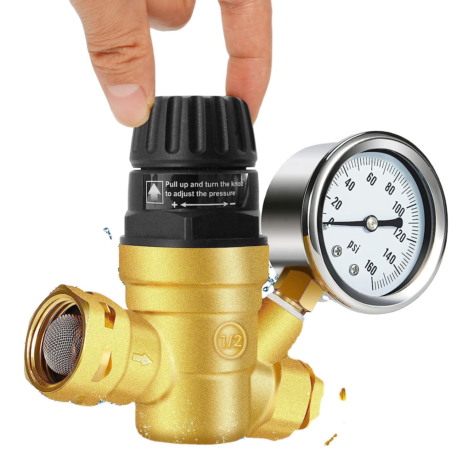 3/4inch GHT Brass RV Pressure Reducing Valve Handle Adjustable RV Water Pressure Regulator with Gauge