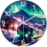Jam Dinding Kaca Temper Desain Kereta Malam Aurora Besar yang Dapat Disesuaikan, Plat Tebal 30mm, Jarum Tanpa Suara, Tanpa Tik-tok, Baterai
