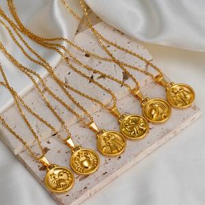 12 Zodiac Coin Collier Double Taille Plaqué Or En Acier Inoxydable À La Mode Horoscope Signe Pendentif Chaîne Colliers - Product Image 6