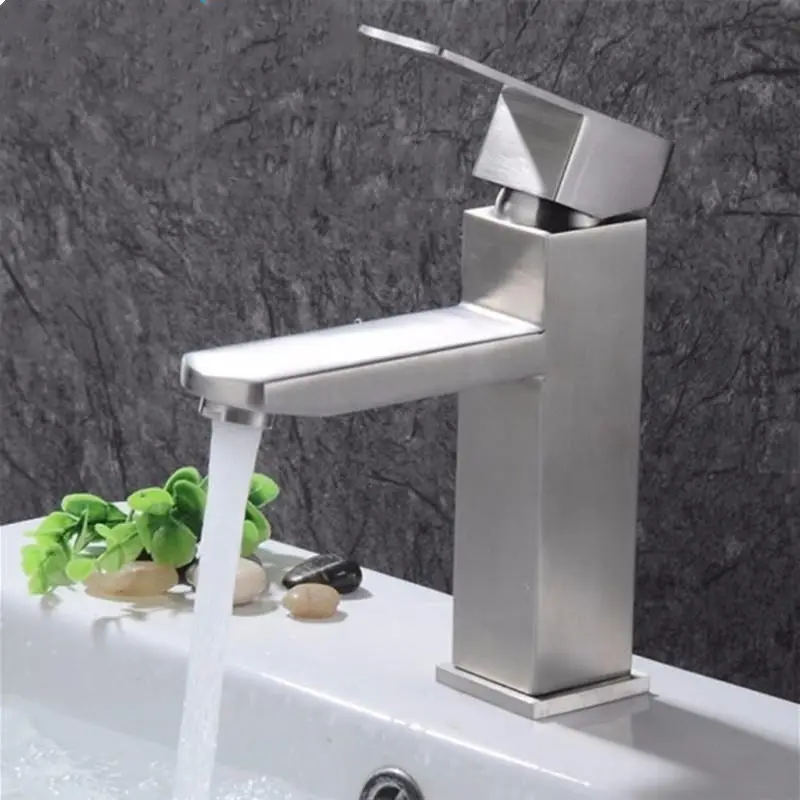 Grifo cuadrado de acero inoxidable 304 para lavabo, mezclador de agua caliente y fría, un solo Mango, níquel cepillado, para Baño