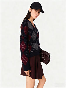 Cardigan en tricot à bouton unique, respirant, fin, à carreaux, court, ajusté, sexy, col en V, élastique, polyvalent, nouvelle arrivée pour l'automne, pour femmes - Product Image 3