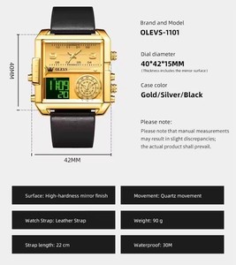   Montre pour homme, bracelet en cuir tendance, montre électronique carrée à quartz, montres pour hommes, double fuseau horaire, alarme, chronomètre lumineux - Product Image 6