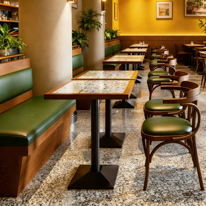 Ensemble de mobilier de café en vert olive, banquette en bois, table avec plateau en terrazzo pour salle à manger en bord de rivière et restaurant en vue sur le lac - Product Image 4