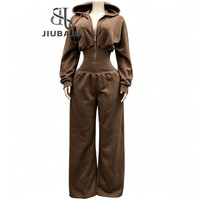 Ensemble décontracté 2 pièces Jiubaju pour femme : sweat à capuche zippé, veste courte à manches longues et pantalon droit élastique – Survêtement tendance pour l'automne