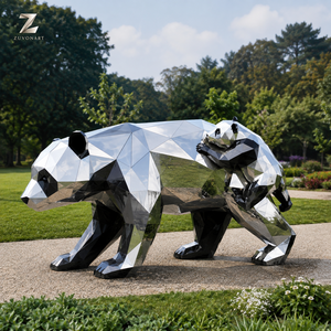 Statue de panda et d'ours en acier inoxydable finition miroir, sculpture géométrique mère et jeune pour la décoration de la cour de villa, de l'entrée d'hôtel - Product Image 4