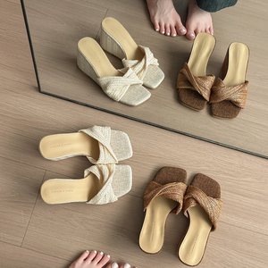Brown Casual White Style Wedge Resort <b>Sandals</b> Open Toe Flat <b>Sandals</b> for Women Outdoor Woven Versatile Square Toe Retro - Product Image 4