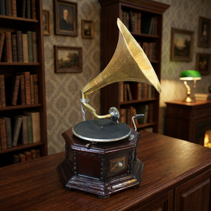 Ancien Gramophone Rond en Laiton et Bois Marron, Origine : - Product Image 3