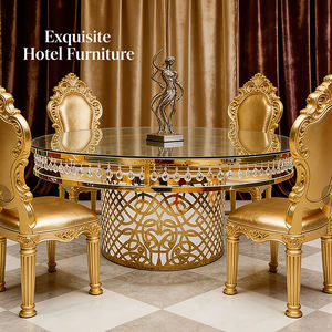 Elegante Mesa de Comedor Redonda de Acero Inoxidable con Tapa de Cristal, Mesa Dorada de Lujo para Hotel, Banquete Comercial, Boda - Product Image 1