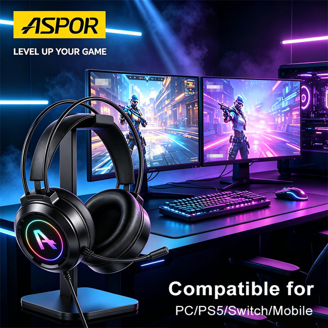 ASPOR RGB Gaming Headset 50mm Driver USB-C USB-A Wired Multi-Platform Gaming Headphones Compatible for PC PS5 Switch Mobile A259