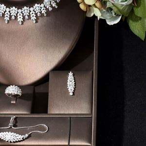 HIBRIDE Leaf Shape 4pcs Cubic Zircon Wedding <b>Costume</b> Necklace Jewelry Set White <b>Gold</b> Color Bridal <b>Jewellery</b> Accessories N-1545 - Product Image 3