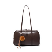 Sacs à bandoulière pour femmes en cuir de vachette pleine fleur tanné végétal, forme rectangulaire, avec pompon décoratif, grande capacité, pour usage quotidien et professionnel