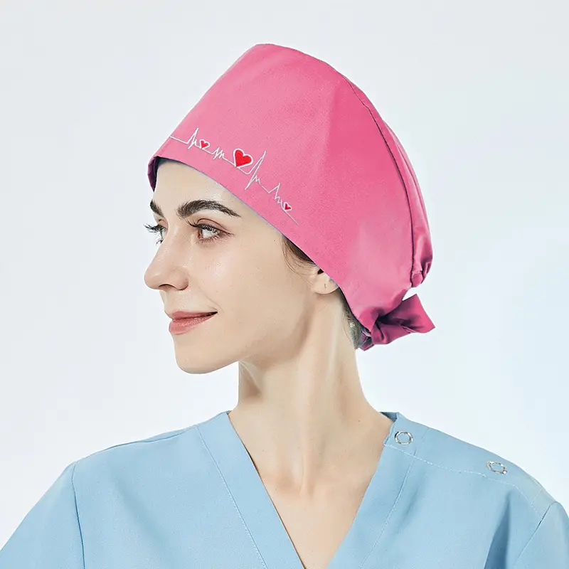 Berretto da lavoro in cotone con bottone e fascia per il sudore cappelli Bouffant con battito cardiaco regolabili donna uomo infermiera Scrub Caps