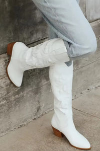 Yeni moda kadınlar batı işlemeli uzun sivri burun tıknaz topuk çekme diz yüksek kovboy çizmeler Cowgirl için - Product Image 6