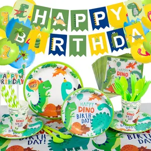 Plato de papel de dinosaurio, vaso de papel, conjunto de papel tisú, suministros para fiesta de cumpleaños, juego de decoración de escena, venta al por mayor