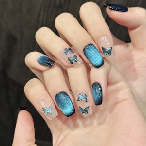 <span class=keywords><strong>Uñas</strong></span> Acrílicas Blue Enchantress con Efecto Ojo <span class=keywords><strong>de</strong></span> Gato Azul Oscuro Brillante y Mariposas Flotantes, <span class=keywords><strong>Uñas</strong></span> Postizas <span class=keywords><strong>de</strong></span> Cobertura Total con Pegamento - Product Image 2