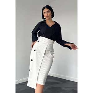 Elegante Falda Lápiz Blanca a Rayas, Cintura Natural, Tejido de Tela, Estilo Ejecutivo para Mujer, Ajuste Cómodo, Vestido de Trabajo - Product Image 2